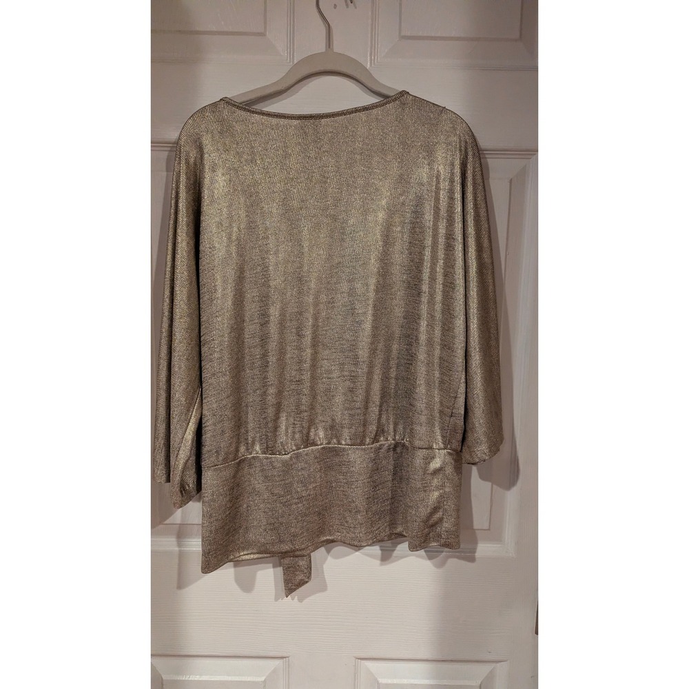 Clara Sunwoo Top M Gold Metallic Boat Neck 3/4 Sleeve Tie Front Shimmer Party - Picture 6 of 7